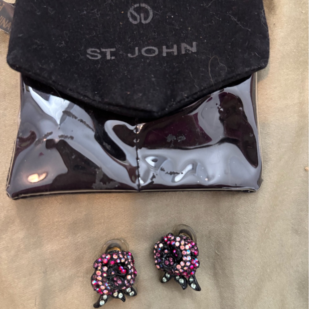 St. John Black and Pink Floral Earrings